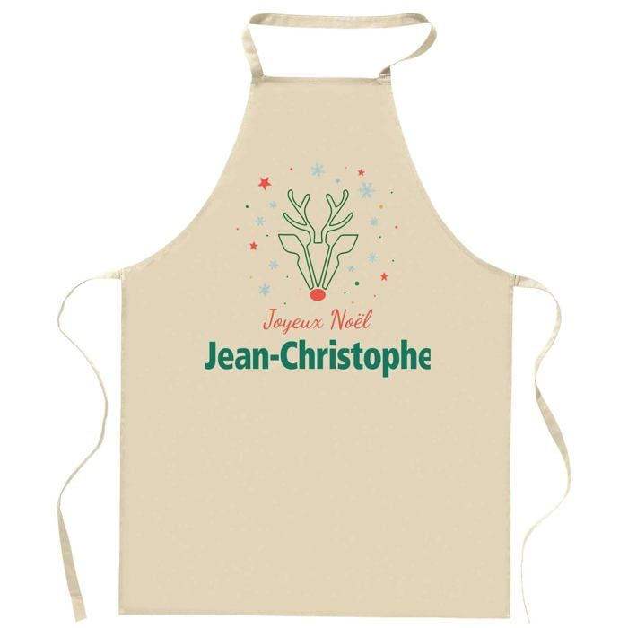 Tablier de cuisine - Joyeux Noël Jean-Christophe Cerf - Impression France - Coton résistant - Liens ajustables