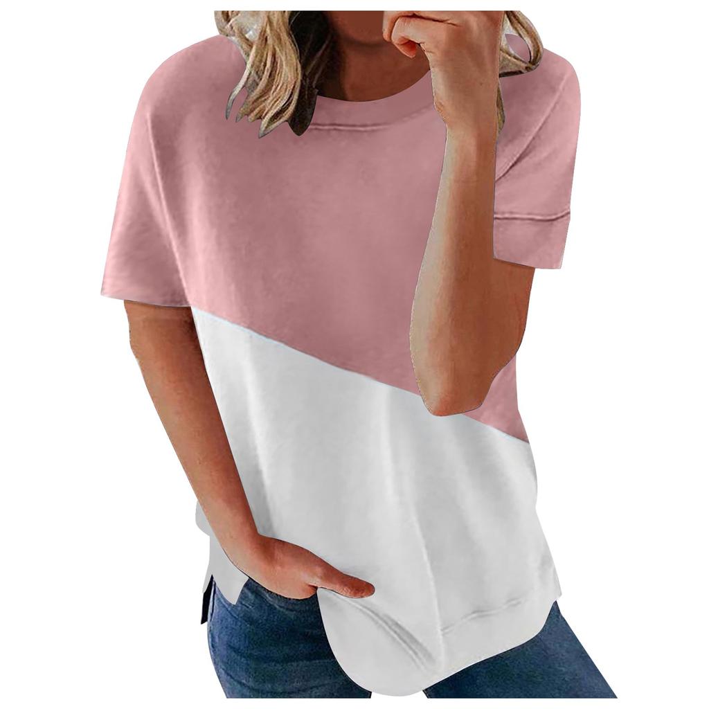 Women's Casual Fashion Short-Sleeved Stitching Round Neck Pullover Thin T-shirt