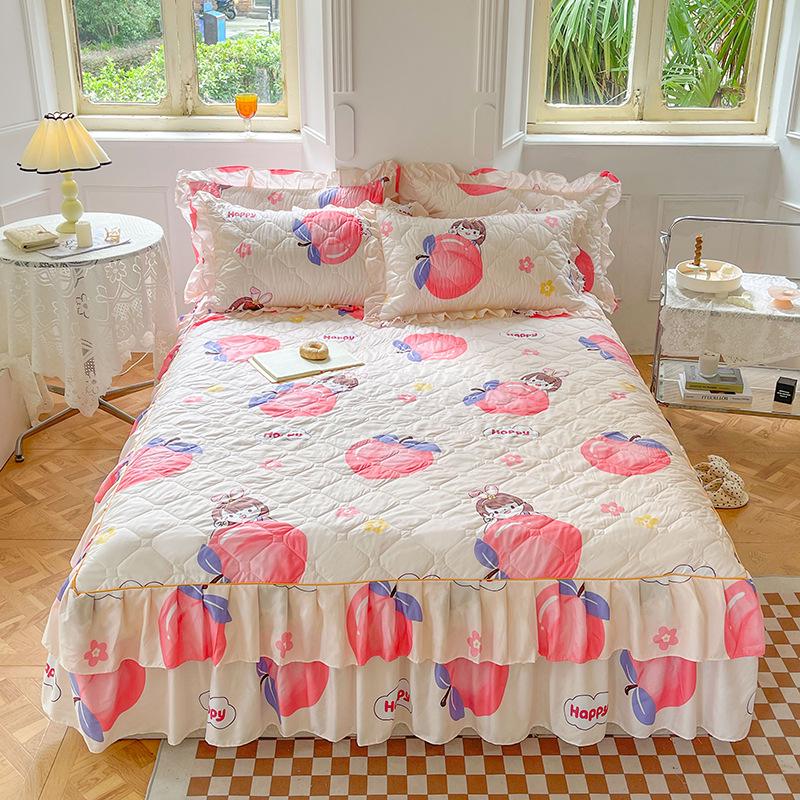 Fustă de pat prințesă matlasată cu dantelă în stil coreean – Cuvertură de pat groasă, din mătase periată, rezistentă la praf