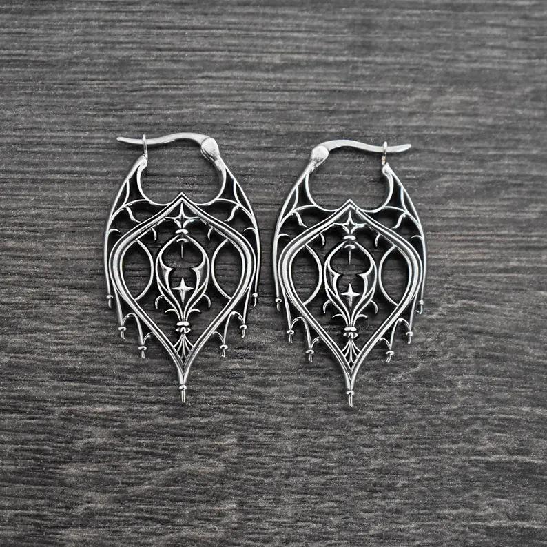 Gothic Chandelier Hoops Earrings for Women Metal Hollow Pendant Carved Court Earrings Goth Jewelry Gift
