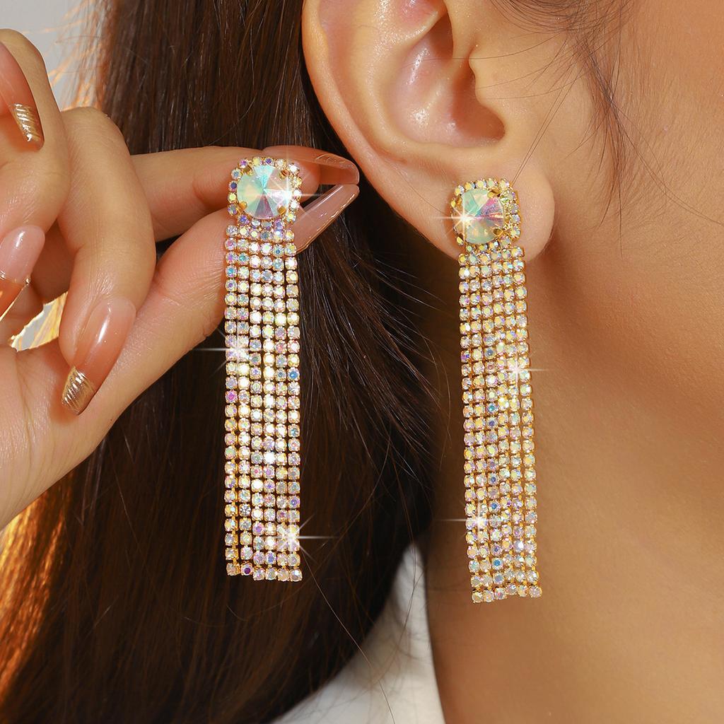 High-end sparkling rhinestones Long fringed earrings, slightly zircon earrings, copper earrings