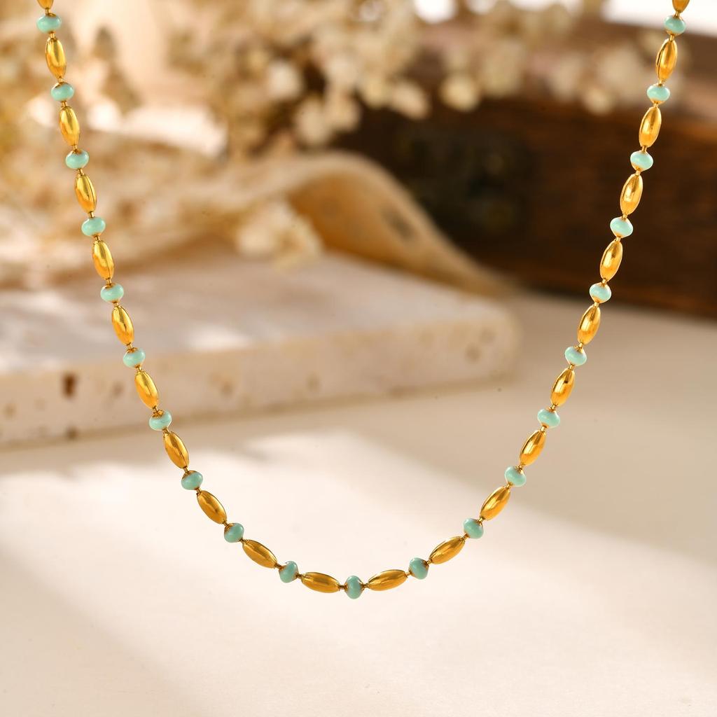Dainty Green Rice Bead Necklace for Women,18K Gold Plated Stainless Steel Necklaces,Trendy Jewelry Gifts