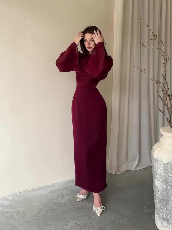 2026 Solid Color Elegant Long Sleeve Bodycon Dress - Waist-Hugging, Ruched, Sexy, High-End