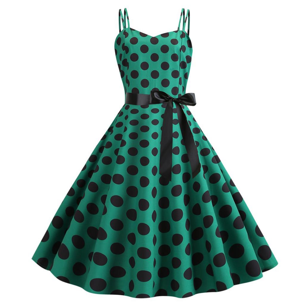 Women's Retro Dress With Double Suspenders And Polka Dot Printed Large Skirt