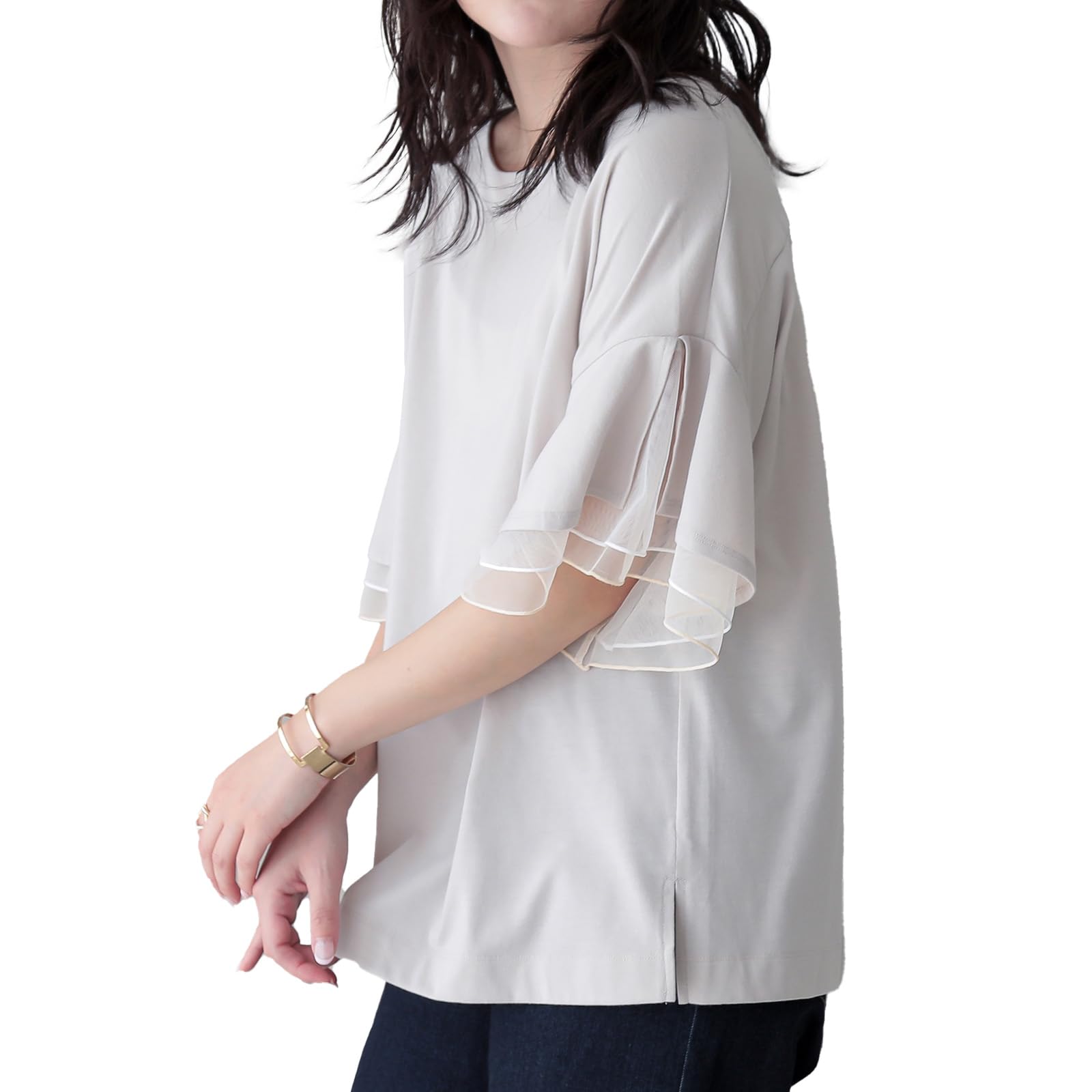 

Oshare Walker Layered Flare Sleeve Cut and Sewn Tulle and Short Plus Loose 12tn0my n OrLABEL [Tulle Top] Women s Top, T-Shirt, Lace, Sleeve,