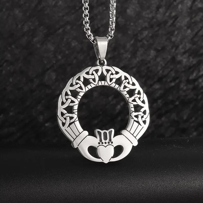 Retro Celtic Knot Pattern Disc Cross Pendant Necklace for Men Gothic Punk Trend Street Jewelry Gift