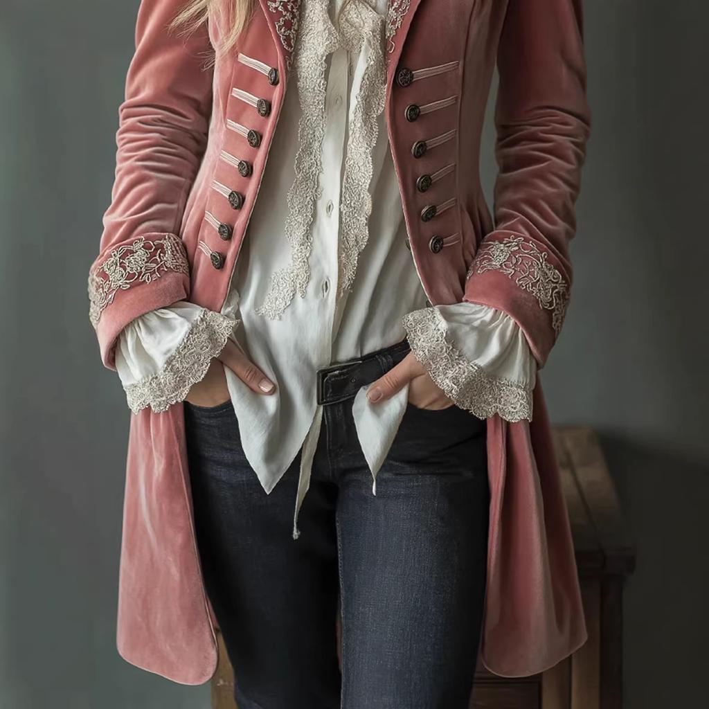 Women's Turn Down Collar Long Sleeve Velvet Blazer Coat Loose Fit Elegant Embroidered Victorian Jacket
