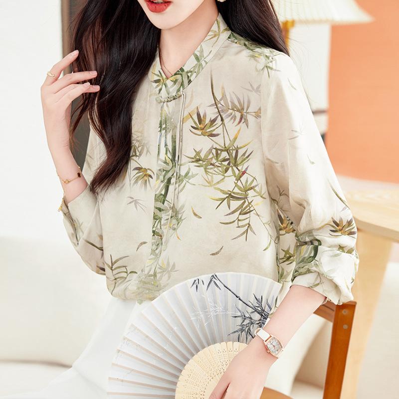 Silk shirt women's spring and autumn clothes new double crepe mulberry silk printed top