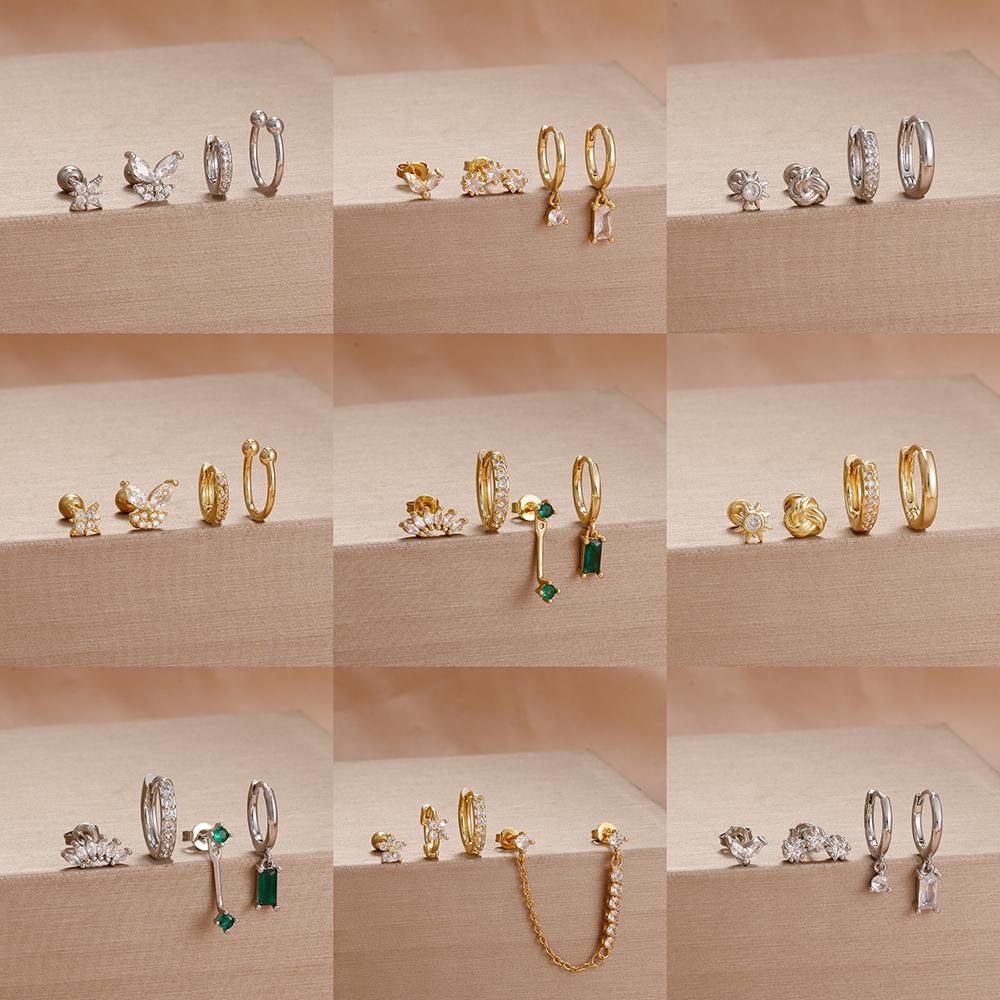 4 Stück Französisches Design Edelstahl Huggie Creolen Set Für Damen Anhänger Blumenkrone Zirkon Ohrstecker Piercing Schmuck