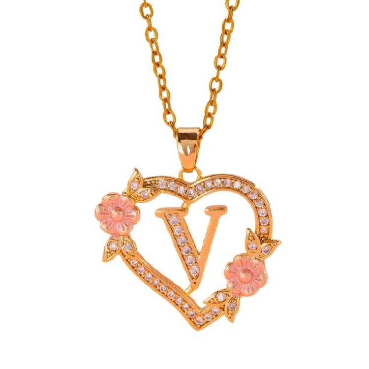 Zierliches Messing Initialen-Halskette Mit Floralem Herz-Ausschnitt Design Verstellbare Kette Leichter Romantik Schmuck