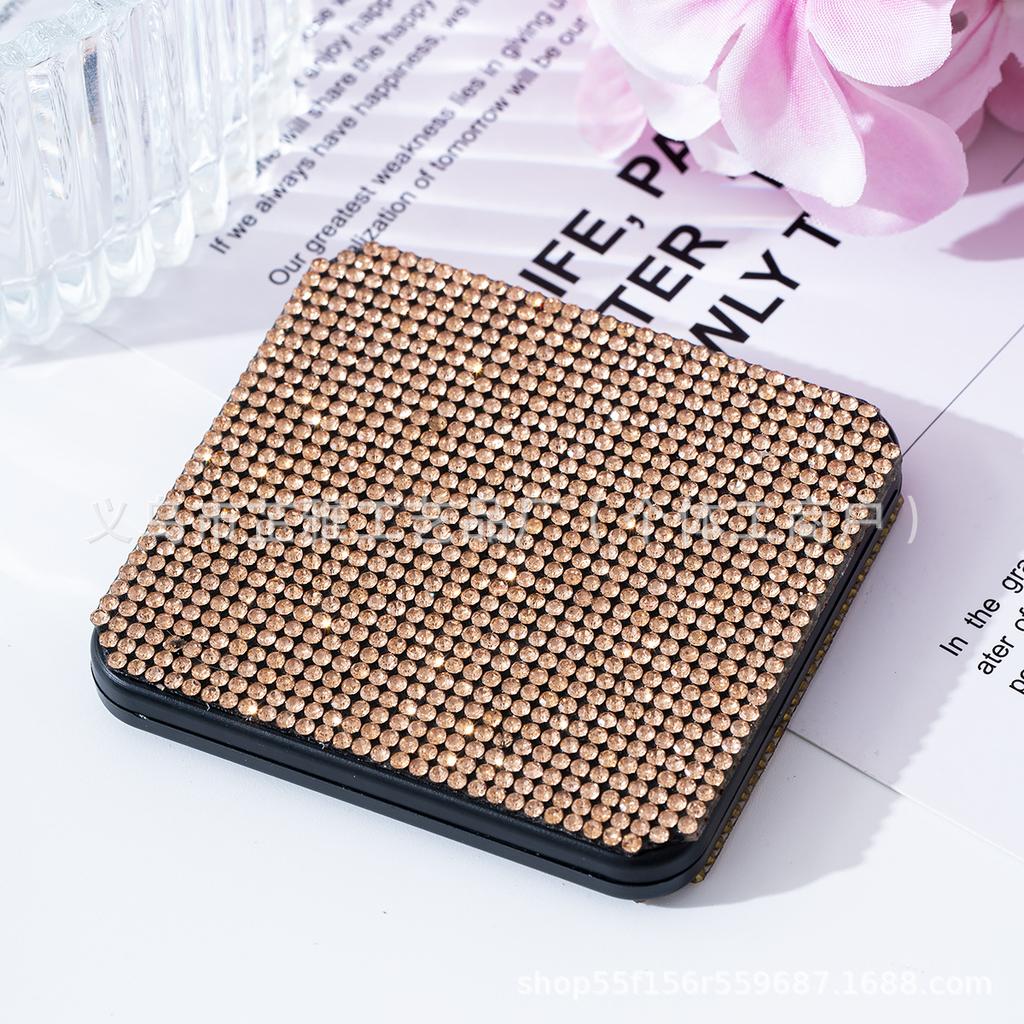 Modischer Tragbarer Kosmetikspiegel mit Strasssteinen, Kosmetikspiegel, Geschenk + Körper Flip Quadratischer Spiegel Handheld Doppelseitig Faltbar