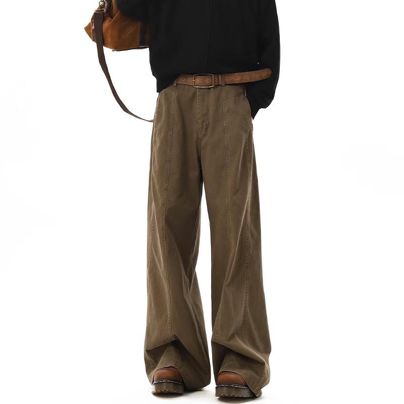 Men's Retro Wide Leg Cargo Pants - American Style, Brown, Loose Fit, for Spring, Autumn, and Winter.