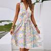 Women's Spring And Summer Casual V-Neck Sleeveless Waist Floral Print Midi Dress