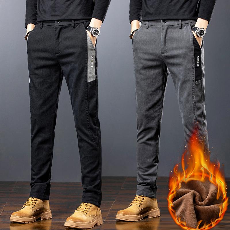 Winter Mens Fashion Fleece Warm Casual Pants Slim Straight Leg Korean Thermal Trousers Business Thicken Velvet Brand Streetpants
