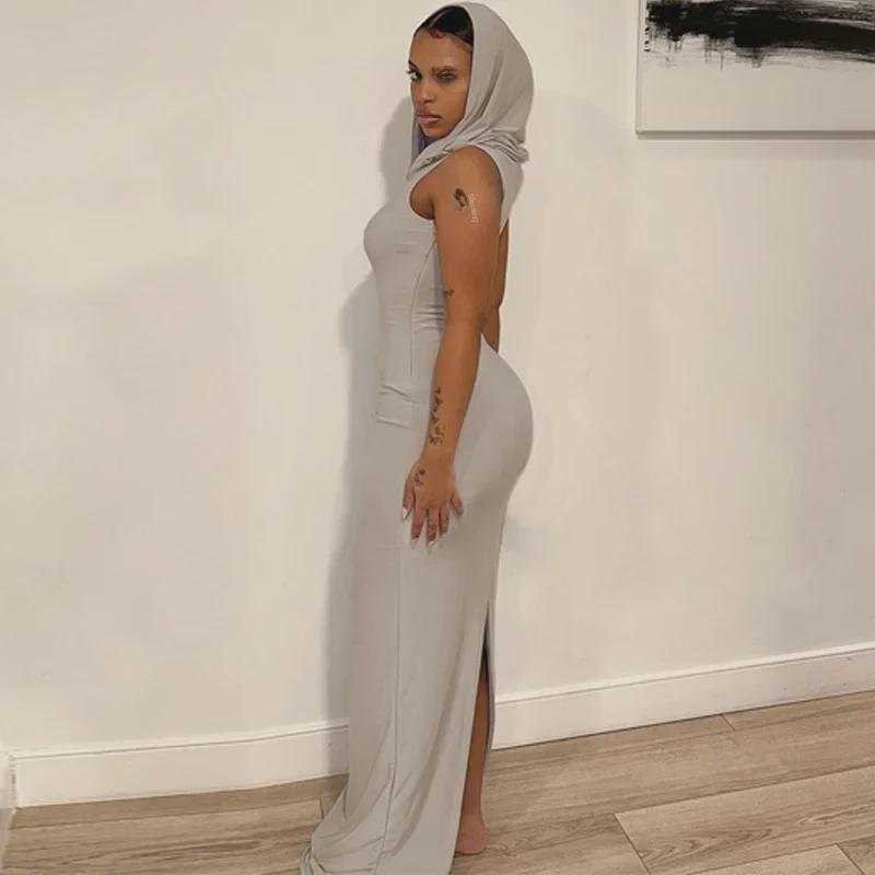 Evropský a americký styl šaty bodycon s kapucí a dlouhým rukávem v jednobarevném provedení