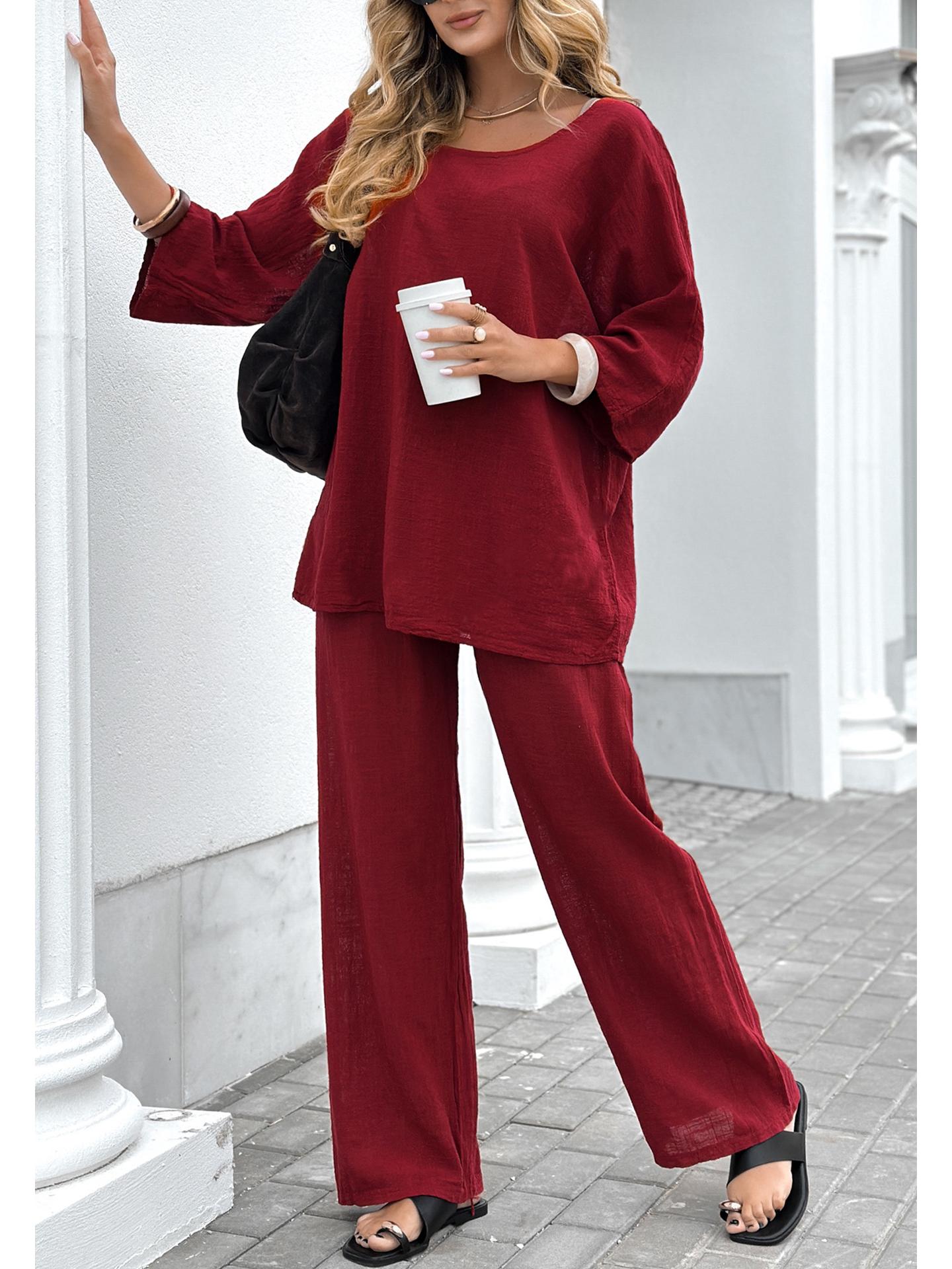 

2025 European & American Women s Linen Cotton Top & Lace-Up Loose Pants Set - Solid Color, Round Neck, Casual 2-Piece XXL
