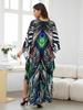 EDOLYNSA 2024 Summer Women's Green Print Loose Kaftan Dress 2024 Boho Cozy V-Neck Batwing Sleeve Beach Long Dresses Sexy Swimsuit Bikini Cover-ups