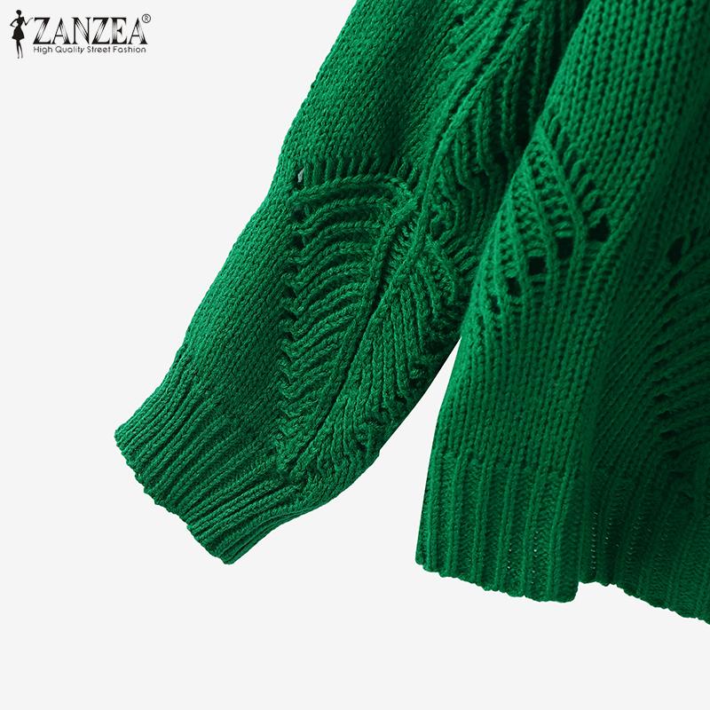 ZANZEA Autumn Women V Neck Long Sleeve Hollow Out Casual Knitted Sweaters Jumpers