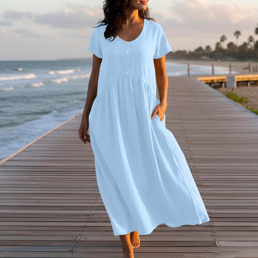 Women's Fashionable Color Cotton And Linen Round Neck Short Sleeved Pocket Casual Loose Beach Vacation Dress