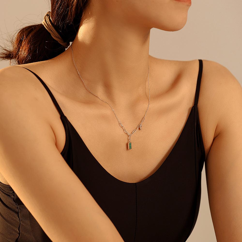 18K Gold-Plated Malachite Green Striped Collarbone Necklace - Small Square INS Style Retro Jewelry