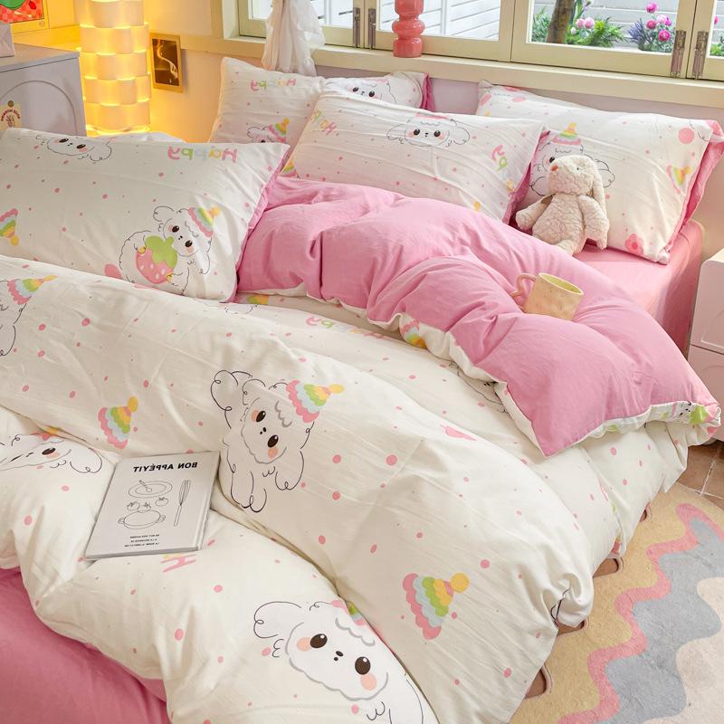 Class A Maternal And Infant Grade Washed Cotton Four-Piece Set Cotton Cartoon Small Fresh Pure Cotton Mattress Quilt Cover 3Pcs Set