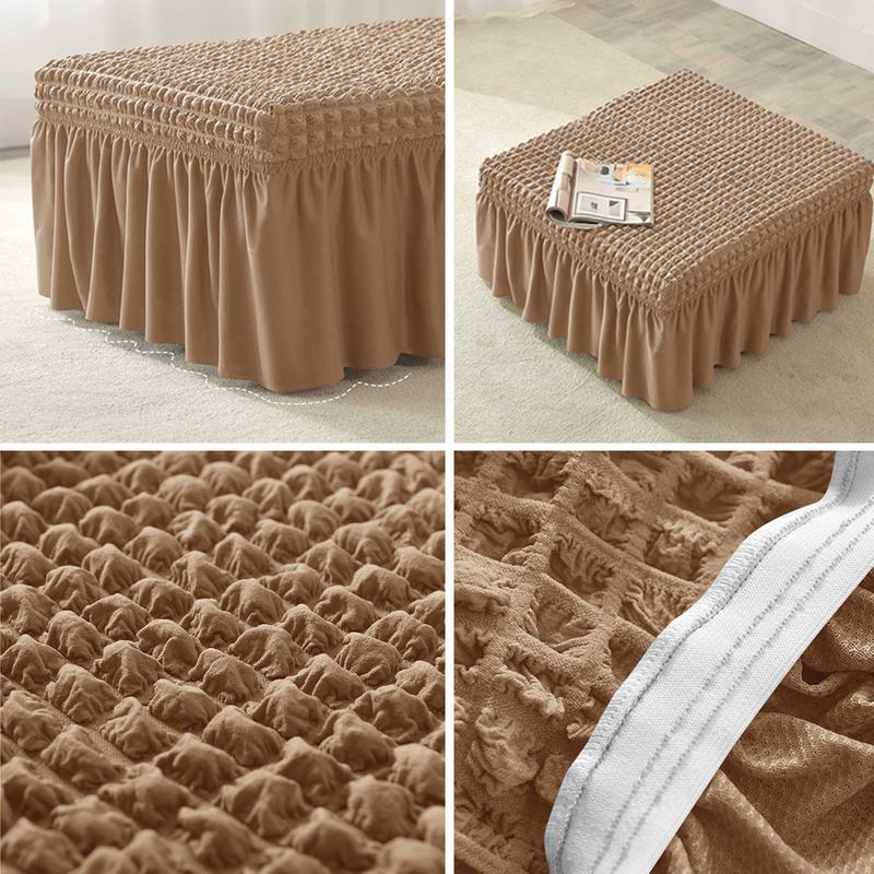 Stretch Ottoman Slipcover Removable with Skirt Footstool Protector Seersucker Thick Ottoman Cover for Living Room Cat Dog