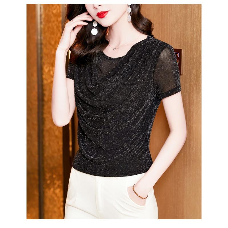 Summer New Fashion Versatile Swing Collar Bright Silk Short-sleeved Mesh Slim Fit T-shirt for Women