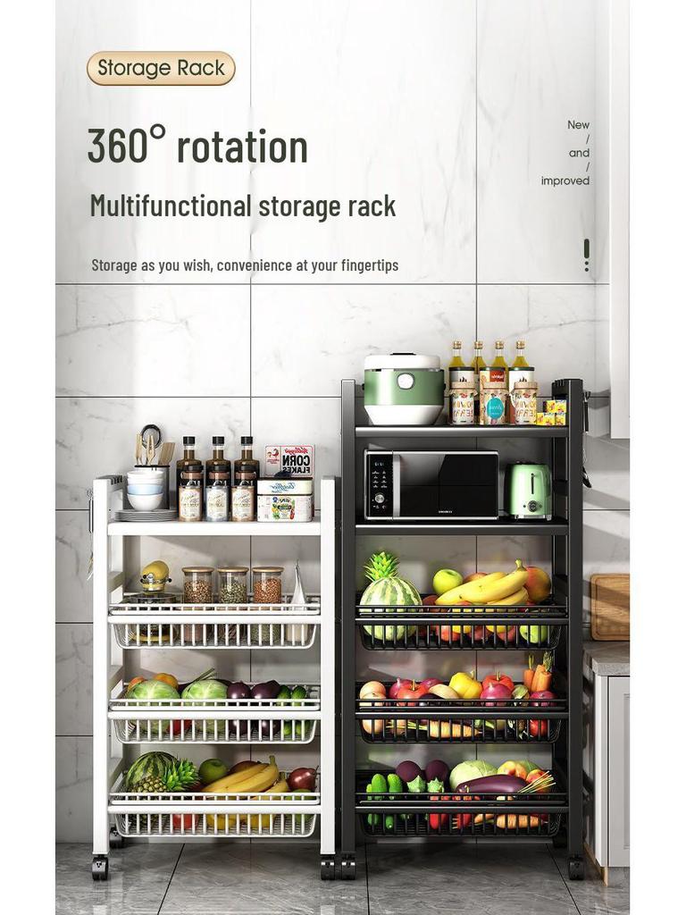 Multi-Layer Kitchen Rack: Extra Thick Microwave, Fruit & Veggie Storage with Wire Baskets & Rollers