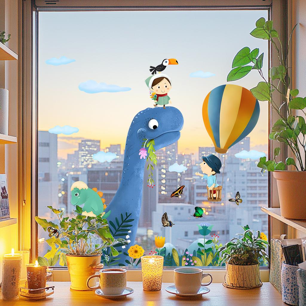 Dinosaur Hot Air Balloon Window Sticker for Balcony Bedroom Kindergarten Glass Home Decoration Self-Adhesive