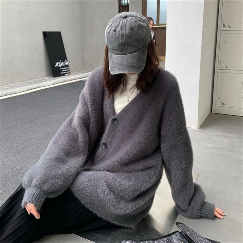 Japanese Style V-Neck Loose Knit Mink Cardigan - Spring/Autumn 2025 Fashion Sweater for Women