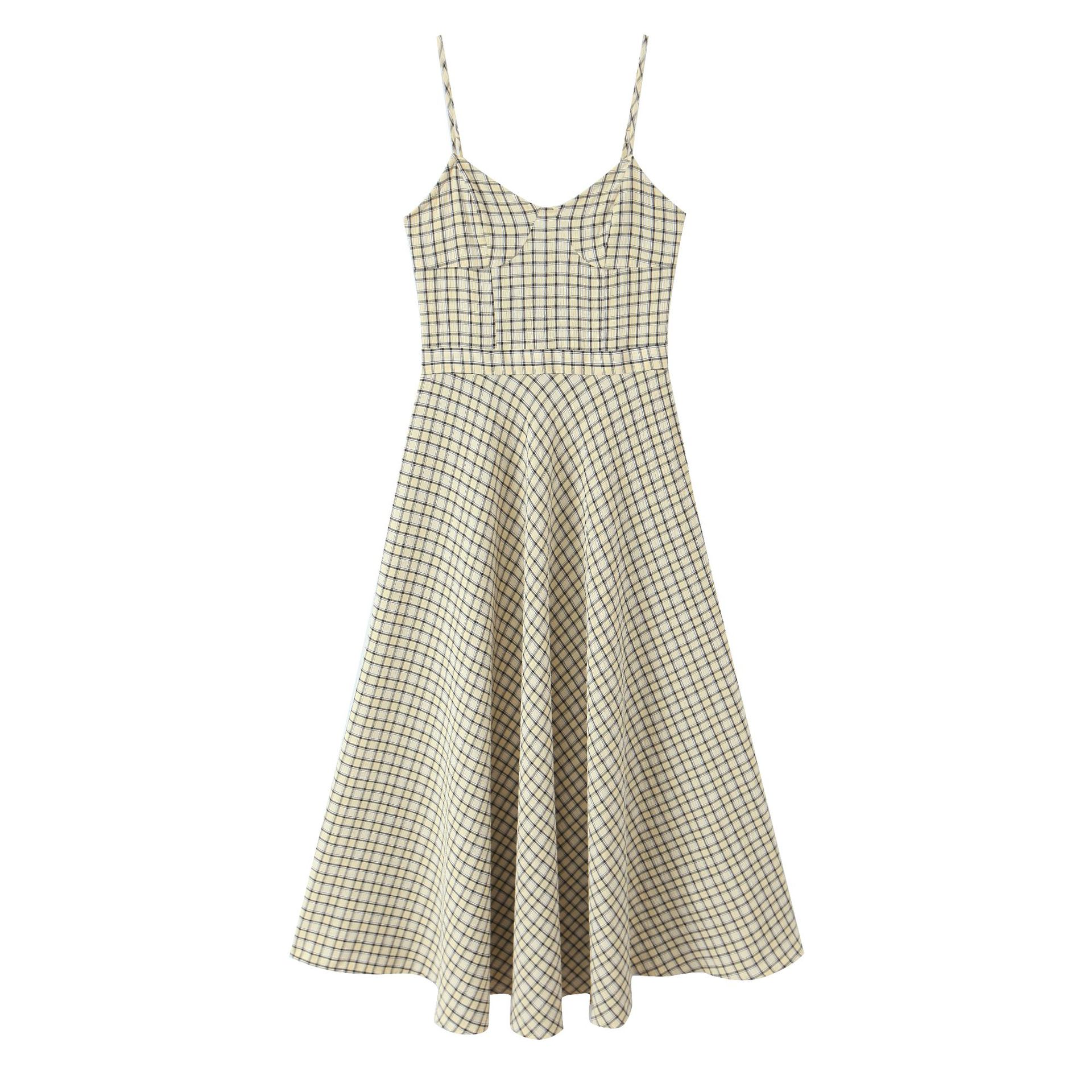 European and American women s clothing popular fashion plaid suspender Midi dress XS
