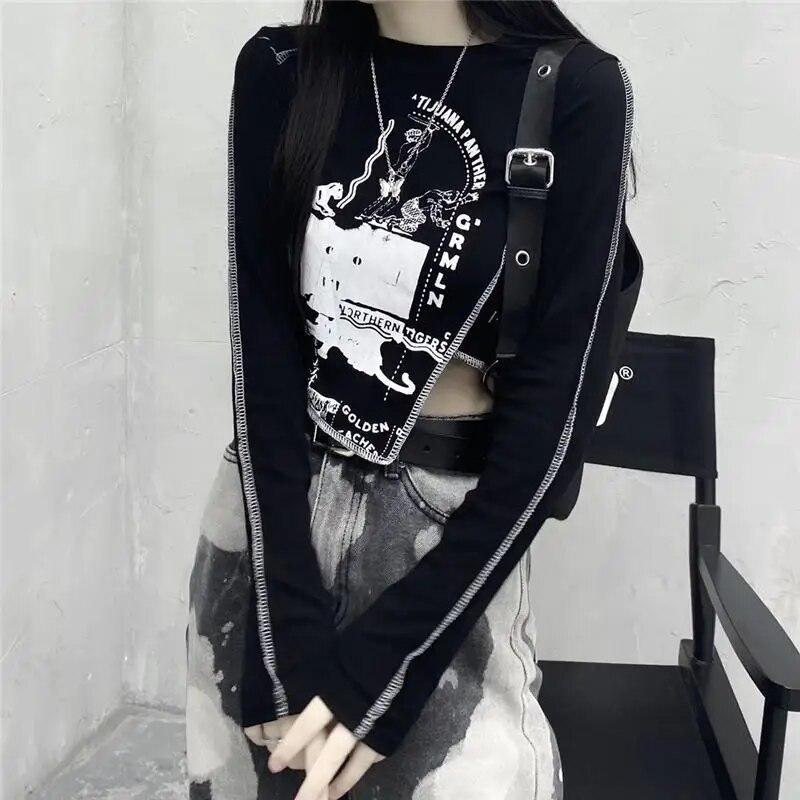 VAYLA Gothic Goth Style Tshirt Women Autumn Long Sleeve Grunge Crop Tops Vintage T-shirt Harajuku Tees Streetwear Clothes Punk
