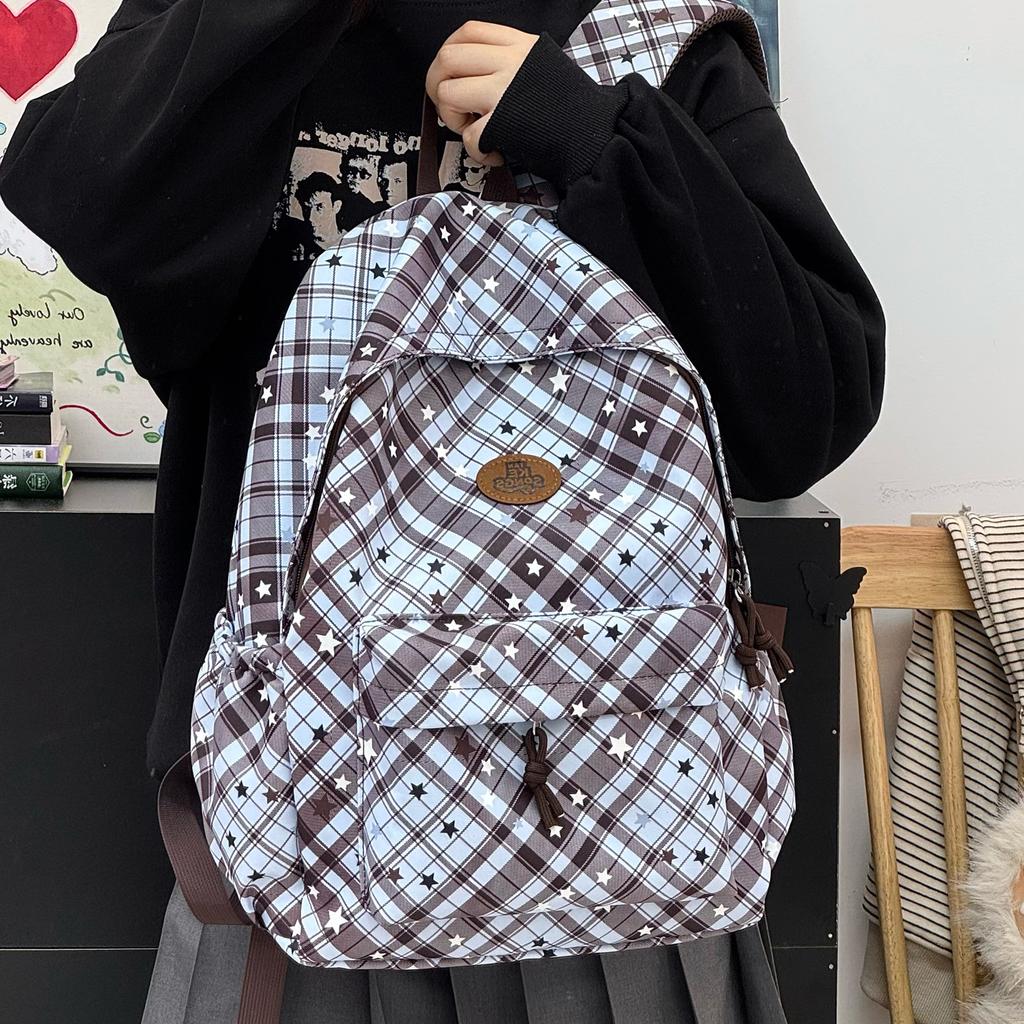 Schoolbag Backpack Female Plaid Student Travel School Bag Female Star Plaid Large Capacity Backpack School Bag Ins Niche
