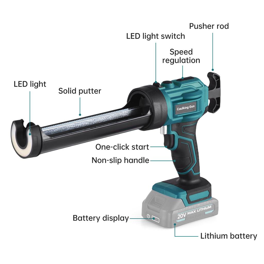 Cordless Caulking Machine 20V Hand held Electric Caulking Tool Kit 4 Adjustable Speeds and LED Light Design for Filling