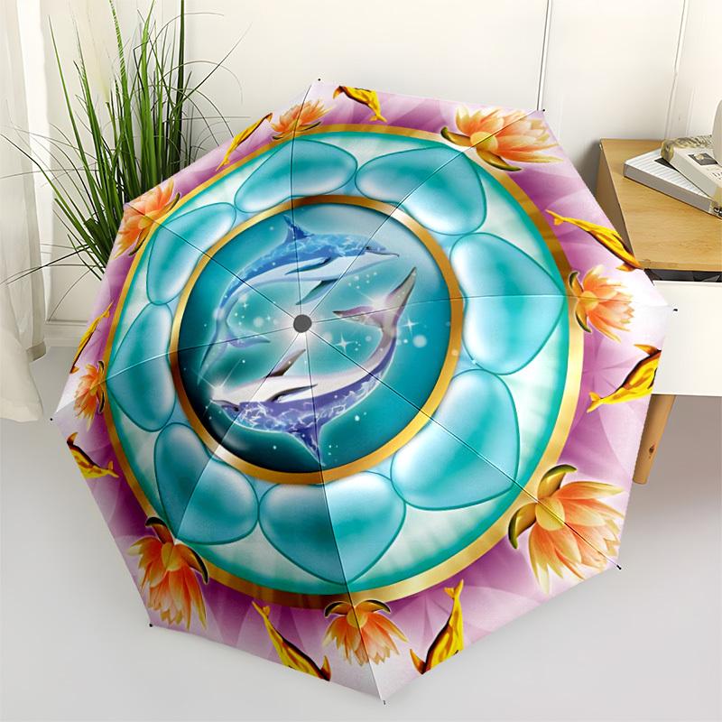 1pc Dolphin Mandala Auto-Fold Umbrella with One-Touch Open/Close - 8 Reinforced Ribs for Windproof Stability,  Yy251118203