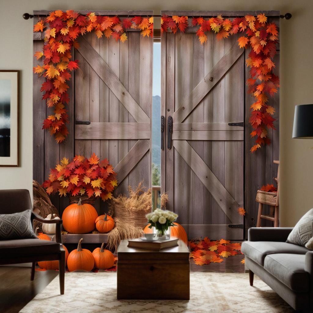 2pcs HD Thanksgiving rattan Maple Leaf wooden door pumpkin decorative curtain Coffee color digital printing curtain Home deco