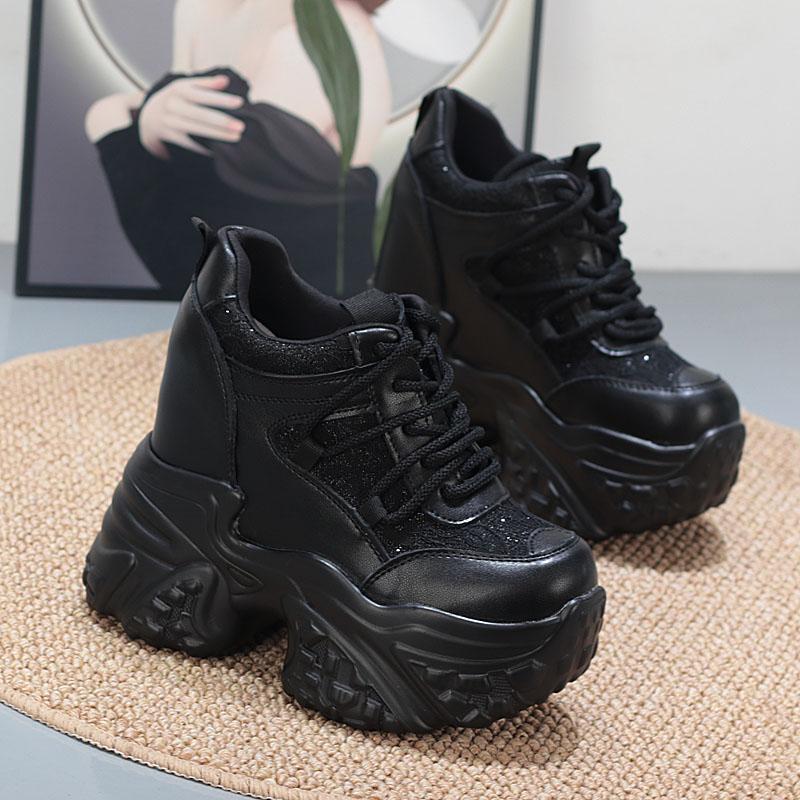 Fashion 14CM Air Mesh Synthetic Genuine Leather Platform Wedge Flats Women Vulcanize Hollow Summer Chunky Sneakers Shoes