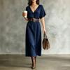 Women's Short Sleeve V-Neck Bohemian Cotton Linen Dress for Summer Casual Wear