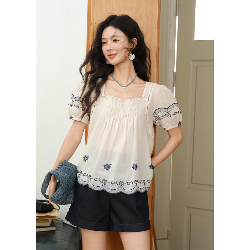 

Women s Square Neck Floral Embroidered Puff Sleeve Blouse S