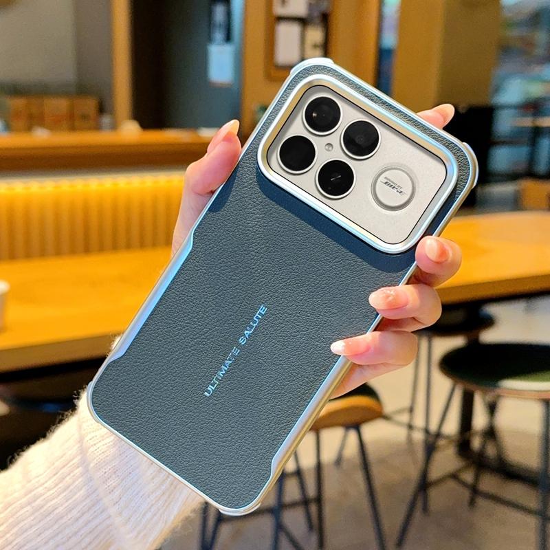 Business Texture PC Glossy Edge Splicing Leather Case For Xiaomi Poco F8 F7 Pro Ultra Metal Lens Frame Shockproof Protect Cover