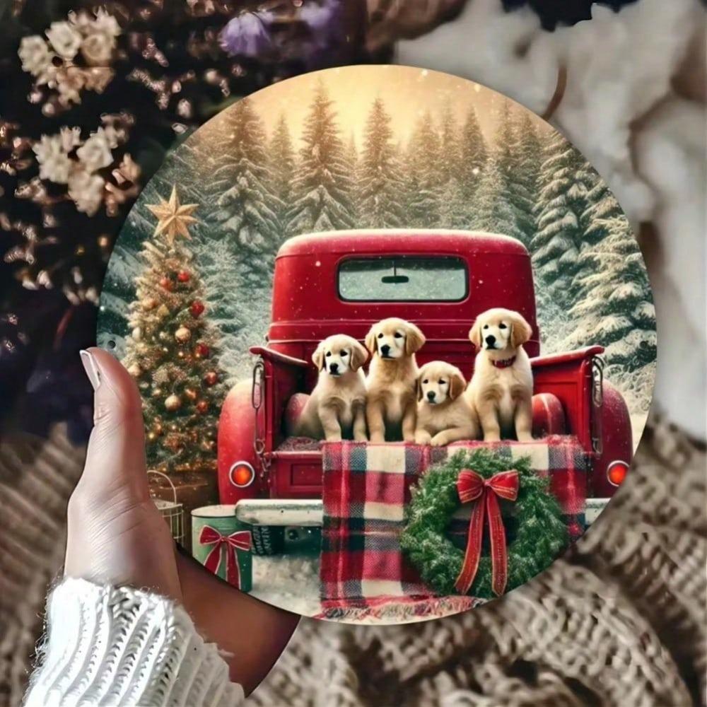Rustic Round Metal Sign Dog Red Truck Christmas Wall Decor