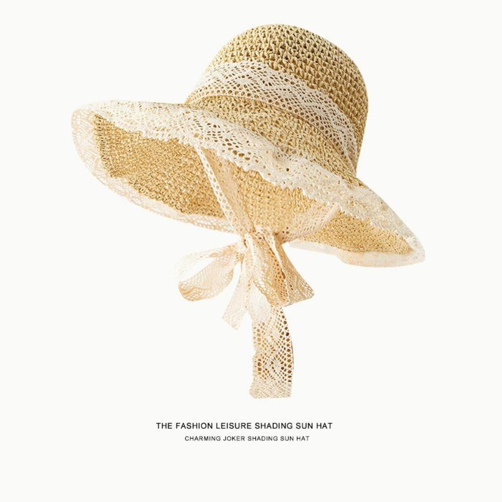 New Foldable Summer Beach Vacation Hat Colorful Lace Straw Sun Hat Women Crochet Straw Bucket Hat