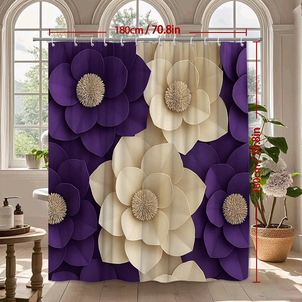 3D Flower Shower Curtain Purple Beige Paper Art Design Elegant Blooms Modern Bathroom Decor Waterproof Free Hooks Included