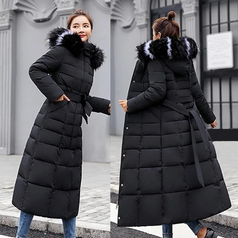 Winter Women's Jacket Warm Fashion Comfortable Bow Belt Fox Fur Collar Clothes Long Dress Office Casual Women's Thick Coat