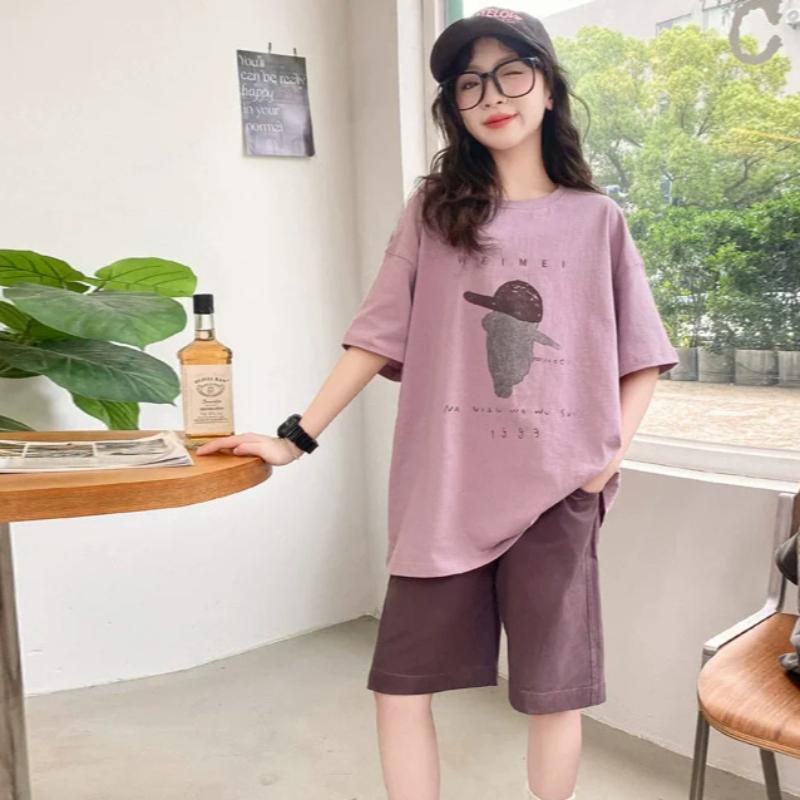Summer Girls Cotton Alphabet Cartoon Print Loose T-Shirt Tops+Shorts Pant Sets School Kids 2PCS Tracksuit Children Outfit 5-16Yr