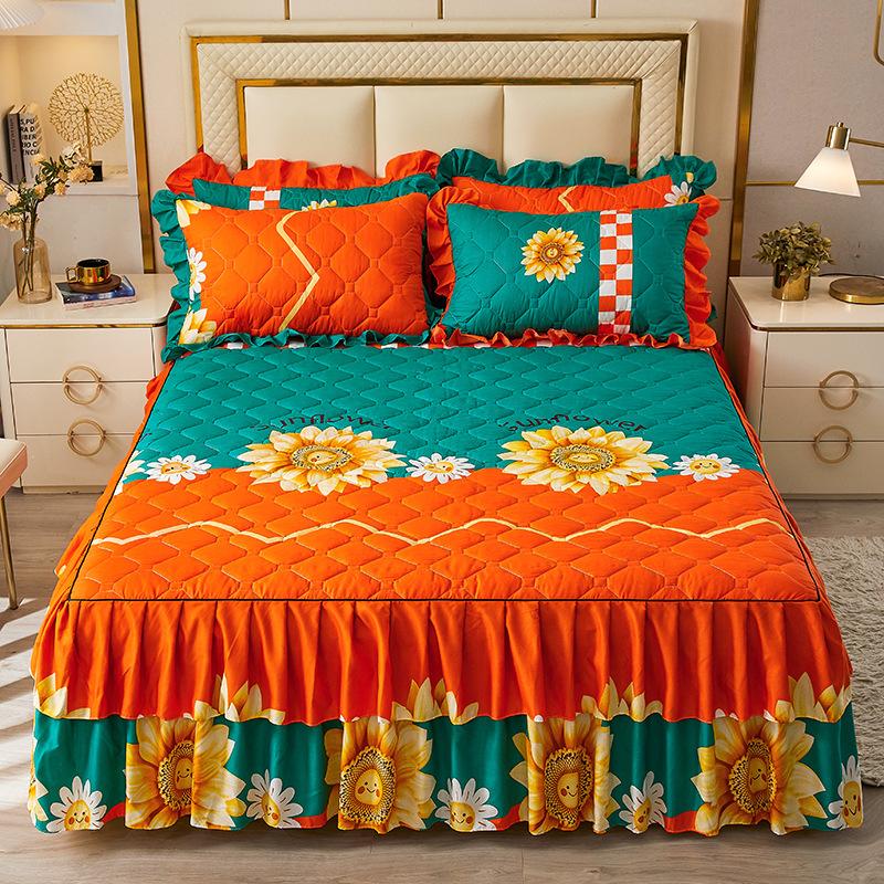 3pcs Bed Skirt Set Solid Color Quilted Thickened Lace Decoration Includes 1 Bed Skirt + 2 Pillowcases Suitable for Home And Hotel
