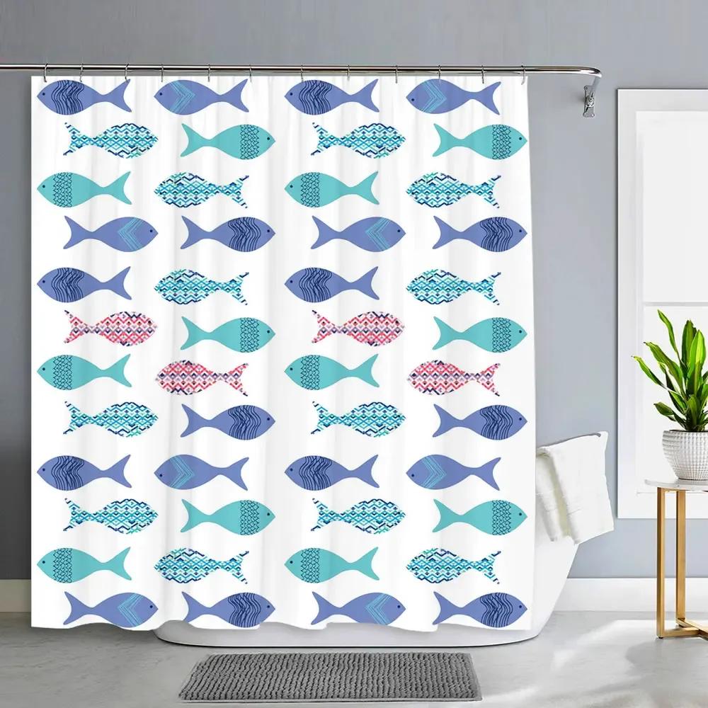 Oceánský sprchový závěs pro děti Pod mořem Delfín Ryba Modrý Dekorativní Koupelnový Závěs Polyesterová Tkanina Pratelný Koupelnový Závěs