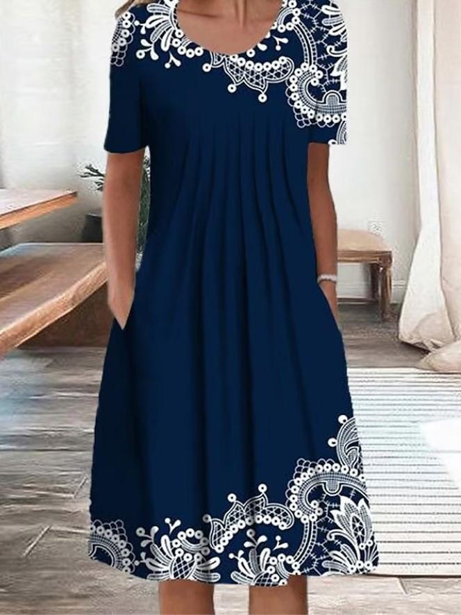 Women Loose Summer Floral Vintage Sexy Ruffles Pocket Dress