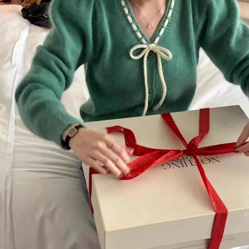 Spring and autumn bow tie V-neck long-sleeved knitted sweater, gentle white women's loose all-match top 6738#