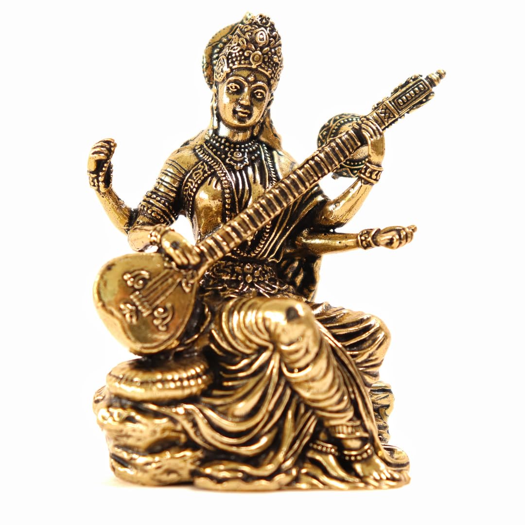 

Maa Saraswati Ji Idol, God Murti For Home Temple, Antique Gold, Brass - 3 Inch